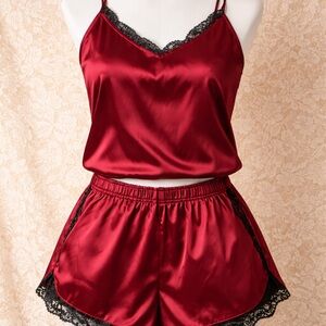 Source Unknown Satin Pajama Set in Deep Red with Lace